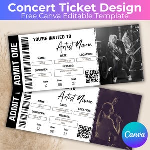 Może przedstawiać: Szablon projektu biletu na koncert z tekstem "Concert Ticket Design" i "Free Canva Editable Template". Bilet zawiera pola na imię artysty, datę, lokalizację i wiadomość. Bilet ma również kod QR i czarno-biały obraz zespołu.