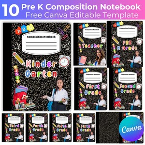 May include: A collection of ten composition notebooks with black speckled covers. The notebooks are labeled for Pre-K through 6th grade, plus a teacher notebook. Each notebook features school-themed graphics and the text "Composition Notebook".
