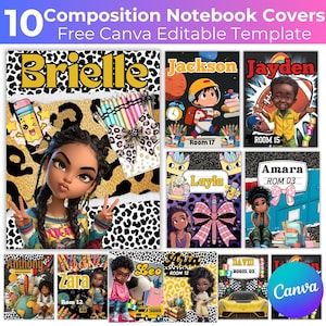May include: Ten composition notebook covers with cartoon illustrations and names. The covers feature various designs, including a leopard print, a space theme, a football theme, and a car theme. The text includes names like Brielle, Jackson, Jayden, Layla, Amara, Anthony, Zara, Leo, Aria, and David.