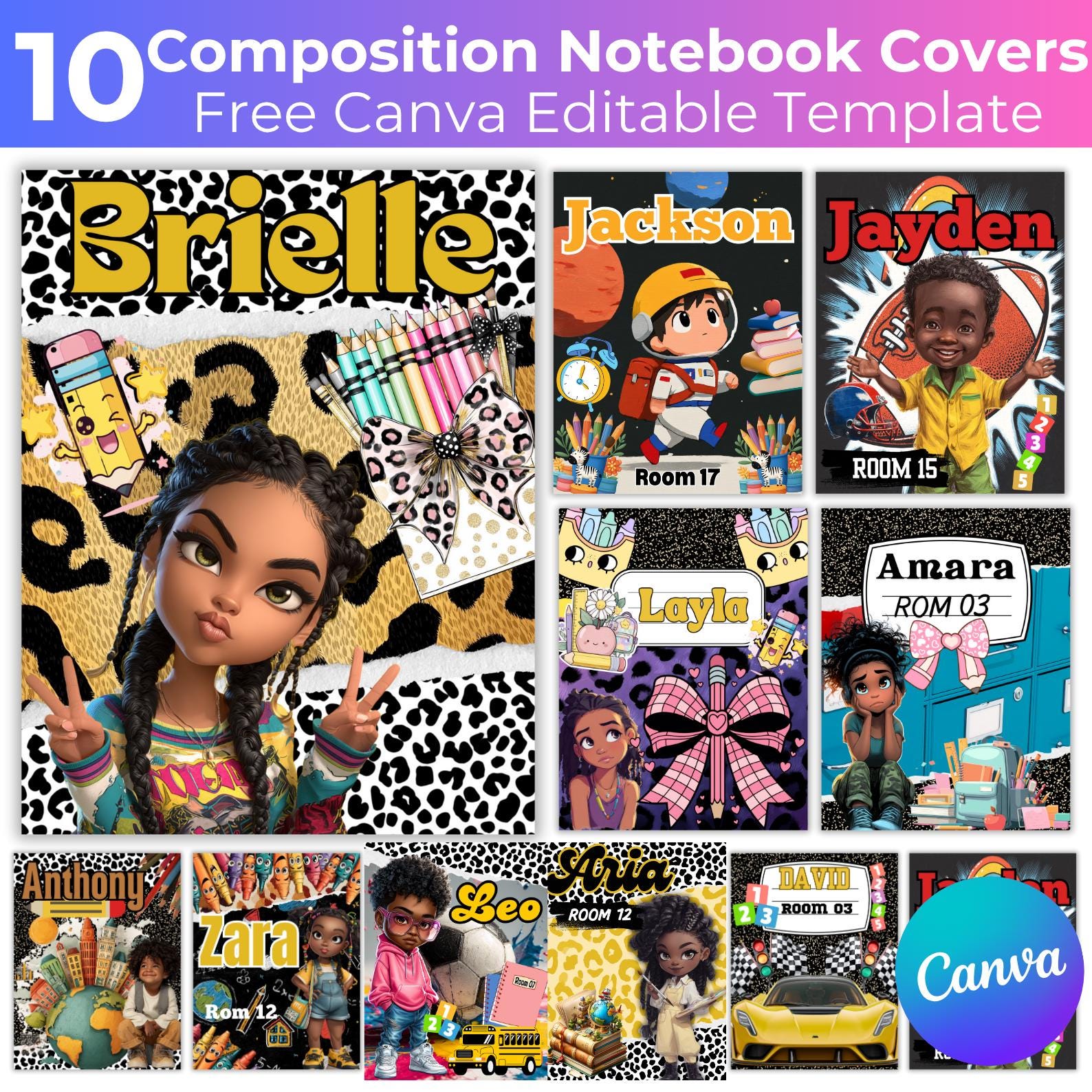 10 Editable Composition Notebook Cover Canva Templates, Composition Cover Template for Boys & Girls, Canva KDP Templates, Back to School