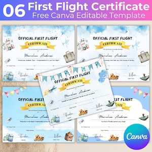 Plantilla editable en Canva de certificado de primer vuelo, diploma de vuelo en avión para niños, premio para niños pequeños, regalo de vacaciones por logros para niñas y niños