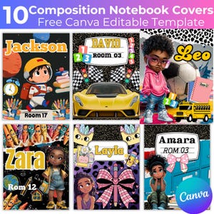 10 Composition Notebook Cover Templates, Canva Editable Composition Cover Template for boys and girls, Canva KDP Templates, Back to School