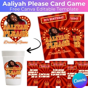 May include: A card game set with the text "Aaliyah Please" and a photo of Aaliyah. The set includes cards, a cup, and a template. The cards have prompts like "Roast or" and "Give a Shot".