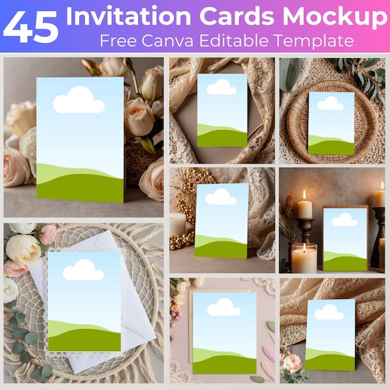 45 Invitation Canva Editable Mockup Bundle, 5x7 Card Mockups Bundle, Boho Card Mockup, Wedding Thank You Card, Greeting Birthday Cards