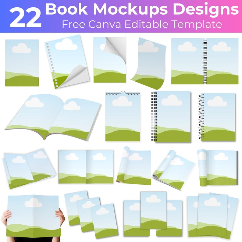 May include: A collection of 22 book mockup designs, each featuring a landscape scene with a blue sky, white clouds, and green hills. The image includes various book styles, such as spiral-bound, open books, and folded pages. Text at the top reads "22 Book Mockups Designs Free Canva Editable Template."
