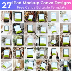 May include: An image featuring 27 iPad mockup designs for Canva. The text reads "27 iPad Mockup Canva Designs" and "Free Canva Editable Template". Each iPad screen shows a landscape with a blue sky and green hills.