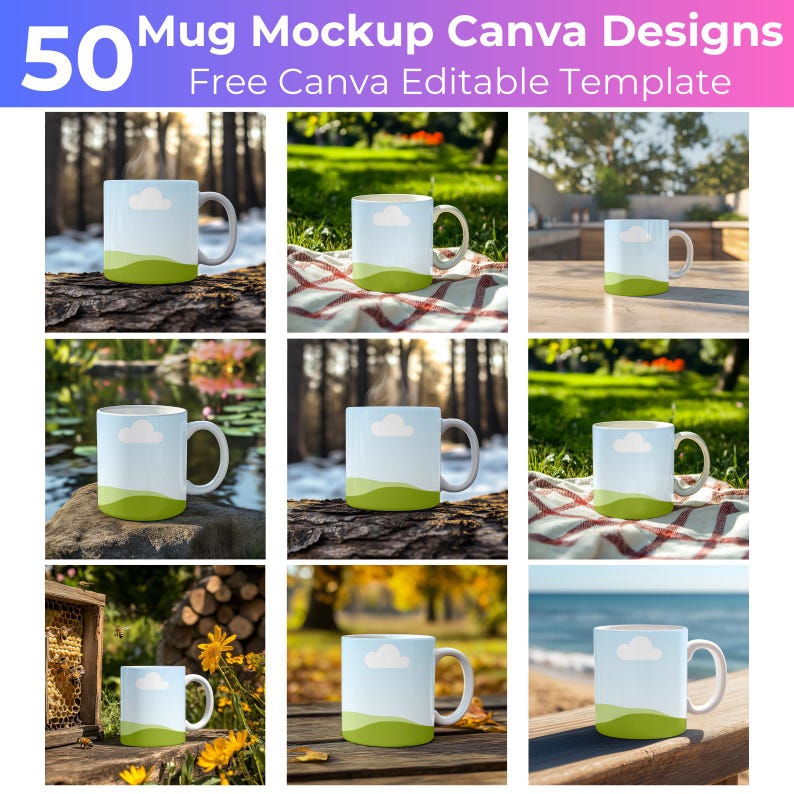 May include: A collection of nine different mug mockups featuring a white mug with a green and blue landscape design. The mugs are placed in various settings, including a picnic blanket, a wooden table, and a grassy area.