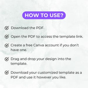 May include: A checklist with five steps on how to use a PDF template. The steps are: Download the PDF, Open the PDF to access the template link, Create a free Canva account if you don't have one, Drag and drop your design into the template, Download your customized template as a PDF and use it however you like.
