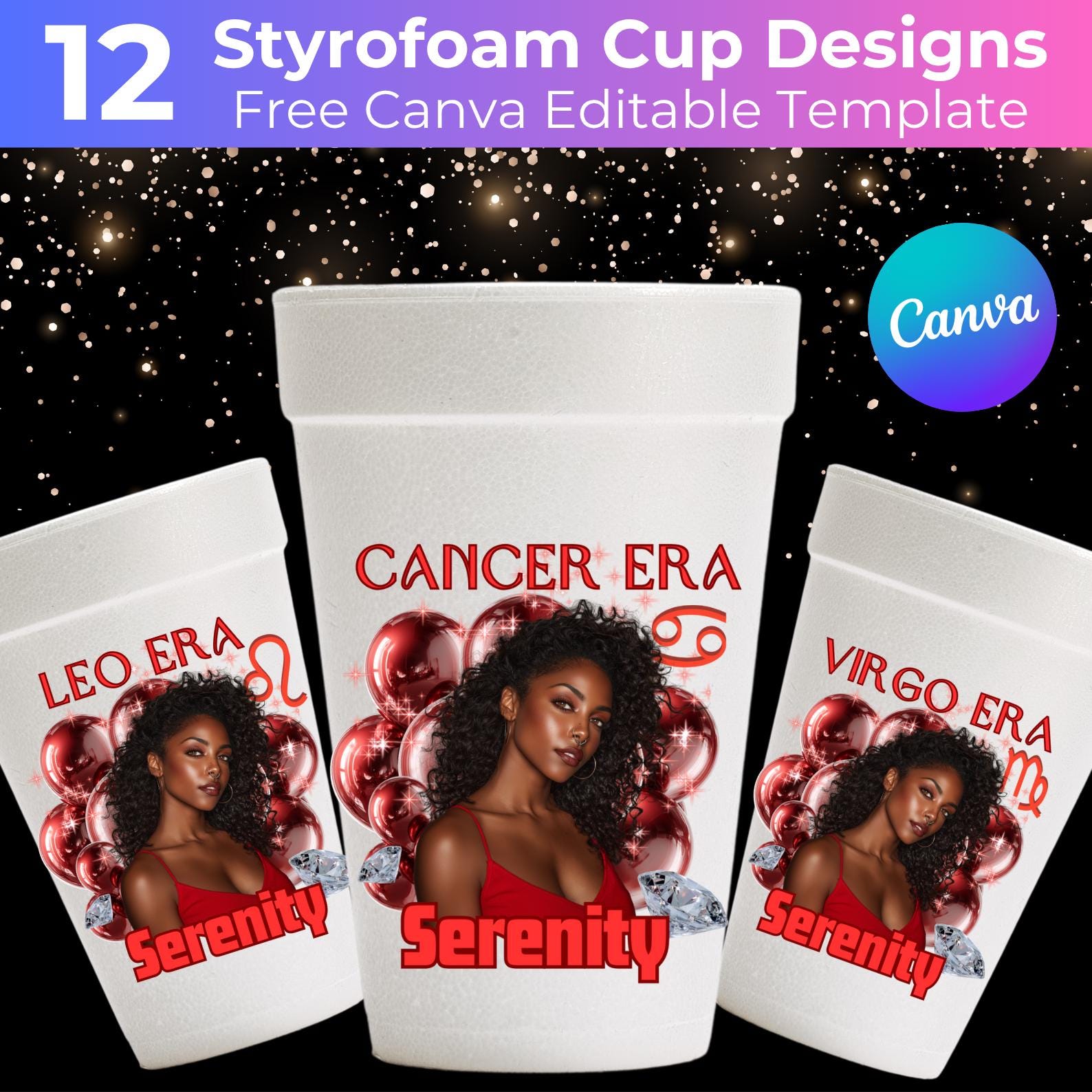 12 Styrofoam Cup Sticker Template, Red Birthday Editable Party Cup Template, Customizable Styrofoam Cup Canva Template, Custom Party Cups