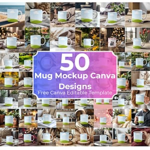 Può includere: Una collezione di 50 mockup di tazze, ognuno con una tazza in ceramica bianca con un design cielo e paesaggio. Le tazze sono esposte in vari contesti, mostrando la versatilità del modello.