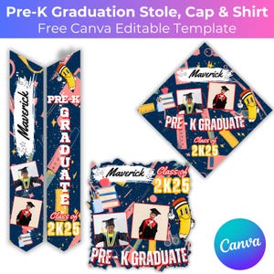 Könnte beinhalten: Marineblaues Pre-K-Abschluss-Set mit Stolen, Mütze und Shirt-Vorlagen. Die Designs enthalten den Text "Maverick", "Pre-K Graduate" und "Class of 2K25". Die Vorlagen zeigen Fotos, Bleistifte und Grafiken zum Thema Schule.