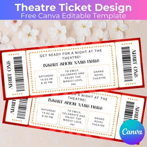 Pode incluir: Dois bilhetes de teatro vermelhos e dourados com o texto "Theatre Ticket Design" e "Free Canva Editable Template". Os bilhetes têm um código de barras, detalhes de estrelas e dizem "ADMIT ONE". Os bilhetes são para o Grand Royal Theatre.