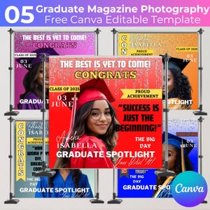 May include: A collection of graduation magazine photography templates. The templates feature photos of graduates, the text "CONGRATS", and the words "GRADUATE SPOTLIGHT". The templates are in various colors, including red, purple, and gold.