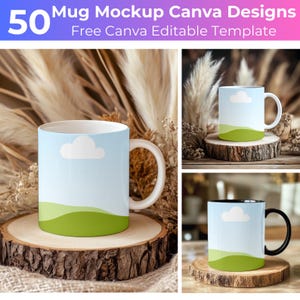 May include: Two white mugs with black handles and a blue sky with a white cloud and green hills design. The mugs are on a wooden slice. One mug is on a wooden table with dried grass in the background. The other mug is on a wooden table with a blurred background.
