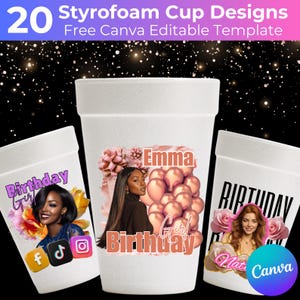 20 Styrofoam Cup Sticker Template, Customizable Styrofoam Cup Canva Template, Birthday Editable Party Cup Template, Custom Party Cup Digital
