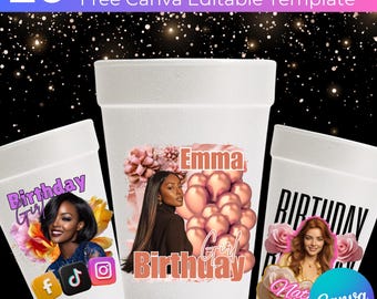 20 Styrofoam Cup Sticker Template, Customizable Styrofoam Cup Canva Template, Birthday Editable Party Cup Template, Custom Party Cup Digital