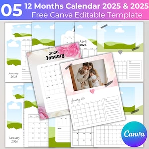 Op de afbeelding: Een printbare kalender sjabloon voor de jaren 2025 en 2026. De kalender heeft een bloemmotief met roze bloemen en groene heuvels. De sjabloon is gratis en bewerkbaar in Canva. De tekst "12 Months Calendar 2025 & 2025" en "Free Canva Editable Template" wordt bovenaan de afbeelding weergegeven.