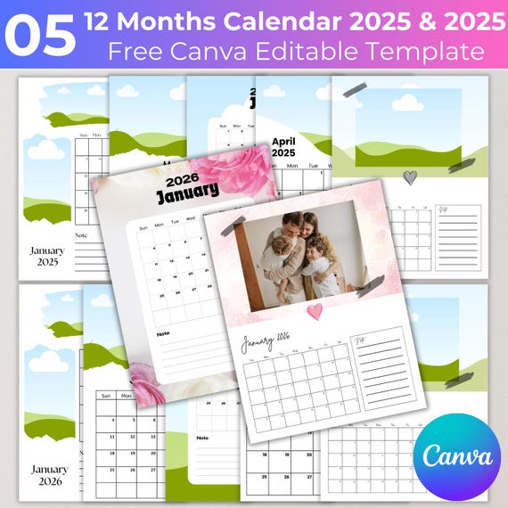 2025 & 2026 Calendar Canva Editable Templates, 5 Set Bundle, Custom Photo Calendar, Family Photo Calendar, Canva Drag and Drop Calendar