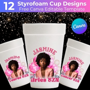 12 Styrofoam Cup Sticker Template, Pink Birthday Editable Party Cup Template, Customizable Styrofoam Cup Canva Template, Custom Party Cups