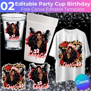 May include: A collection of party supplies featuring a woman's image, the text "22 Chapter", and the name "Maya". Includes a shot glass, a party cup, a white t-shirt, and stickers. The design incorporates red, black, and white elements.