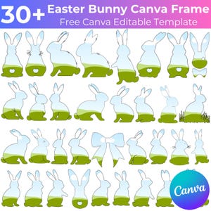 May include: 30+ Easter Bunny Canva Frame Free Canva Editable Template. A collection of 30+ Easter bunny silhouettes with a landscape background. The bunnies are in various poses, including sitting, standing, and hopping. The background is a gradient of blue and green, with clouds and grass.