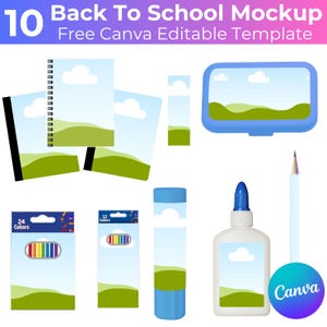 May include: A mockup featuring school supplies, including notebooks, a lunchbox, glue, pencils, and colored pencils. The design incorporates a sky and landscape theme. Text at the top reads "Back To School Mockup" and "Free Canva Editable Template."