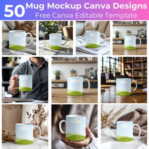 May include: A white ceramic mug with a green and blue landscape design. The mug is on a wooden table, a white table, and in a person's hand.