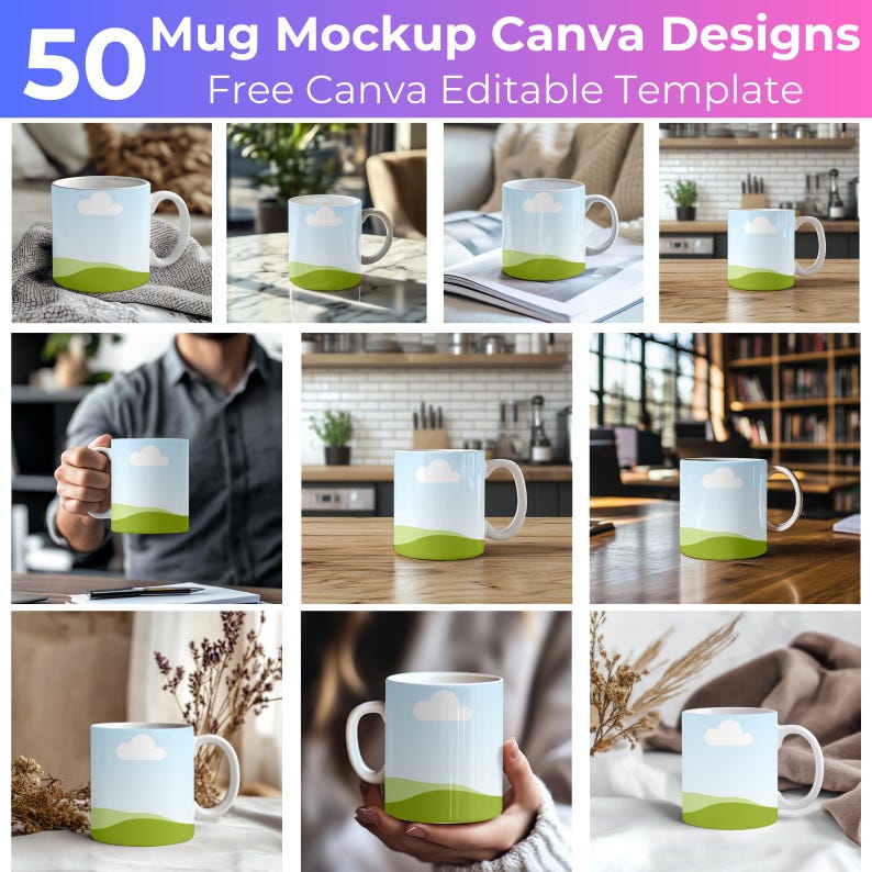 May include: A white ceramic mug with a green and blue landscape design. The mug is on a wooden table, a white table, and in a person's hand.