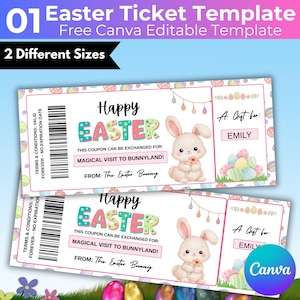 May include: Easter ticket template with the text "Happy Easter" in colorful letters, featuring a cute bunny holding a flower. The ticket includes the text "Magical Visit to Bunnyland" and "A Gift for: Emily". The template is available in two sizes.