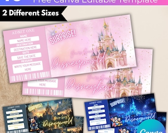 05 Editable Disneyland Ticket Canva Template, Surprise Reveal Editable Ticket, Disneyworld Ticket, Theme Park Ticket, Birthday Gift Template