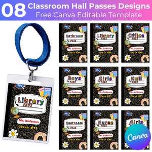 Classroom Hall Passes Canva Template, Bathroom Pass, Nurse Pass, Editable Composition Notebook, Teachers Hall Pass, Back to School Pass
