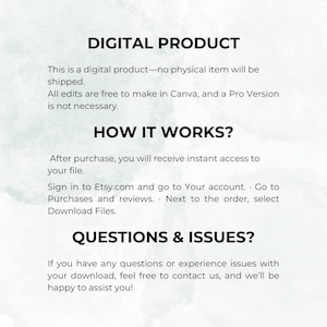 May include: Digital product information on a light green background. Text includes "DIGITAL PRODUCT", "HOW IT WORKS?", and "QUESTIONS & ISSUES?". Instructions are provided for accessing and downloading the digital file after purchase.