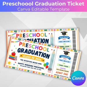 Puede incluir: Dos boletos de graduación de preescolar con texto e ilustraciones coloridas. Los boletos dicen "Graduación de preescolar" e incluyen detalles como la fecha, la hora y el lugar. También se ve un gráfico de lápiz y un logotipo de Canva.