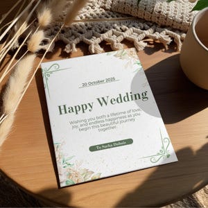 May include: A white card with green and gold accents. The card has the text "20 October 2025" and "Happy Wedding" in green text. The card also has the text "Wishing you both a lifetime of love, joy, and endless happiness as you begin this beautiful journey together." and "To Sacha Dubois" in black text.