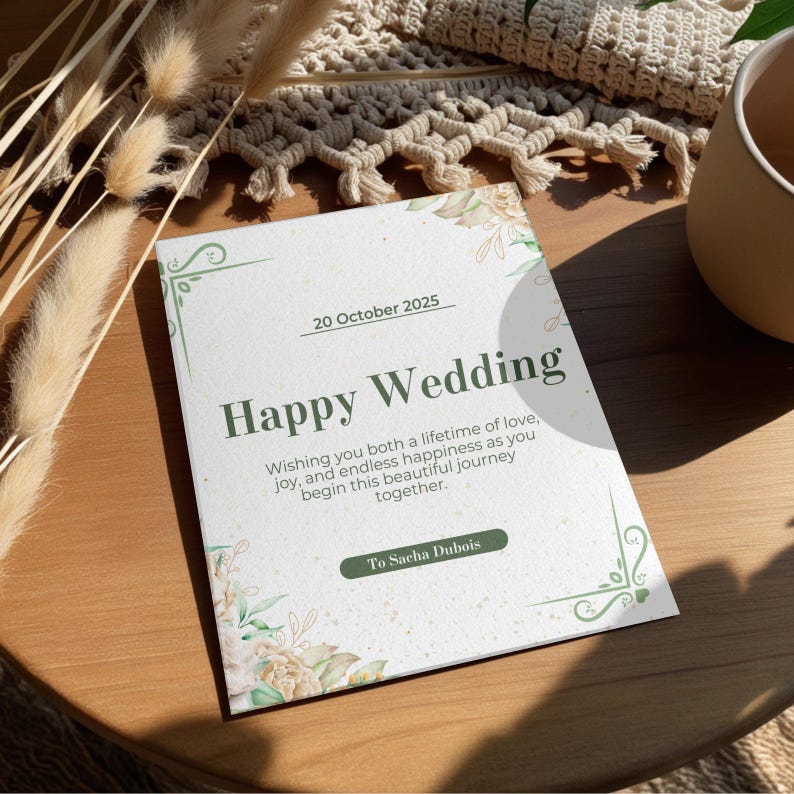 May include: A white card with green and gold accents. The card has the text "20 October 2025" and "Happy Wedding" in green text. The card also has the text "Wishing you both a lifetime of love, joy, and endless happiness as you begin this beautiful journey together." and "To Sacha Dubois" in black text.
