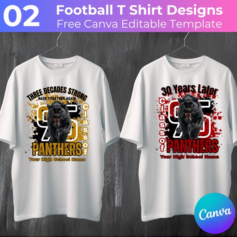 May include: Two white t-shirts with football-themed designs. One shirt features a black panther graphic with the text "THREE DECADES STRONG" and "CLASS OF '95 PANTHERS". The other shirt has a panther graphic with "30 YEARS LATER" and "CLASS OF '95 PANTHERS".