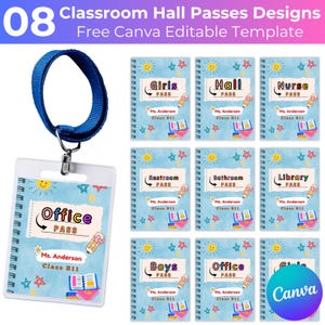 May include: A set of classroom hall passes with a blue lanyard. The passes feature various designs, including "Office," "Girls," "Hall," "Nurse," "Restroom," "Bathroom," "Library," and "Boys." Each pass has a light blue background with illustrations and text.