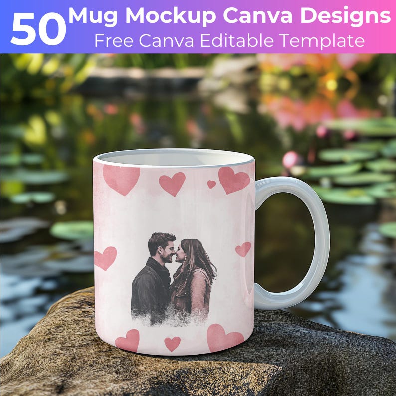 May include: White ceramic mug with a pink watercolor background and a couple kissing in the center. The mug has a pink heart pattern around the couple and the edges of the mug.