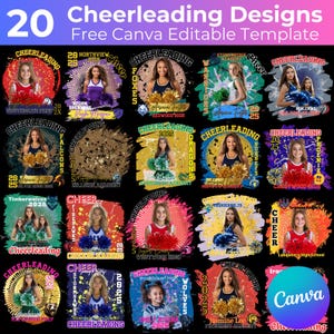 20 Modelos editáveis de Cheerleading Canva, pôster esportivo sênior, camiseta com tema de Cheer, designs de banner de dança de Cheer, designs de camisetas de Cheerleader