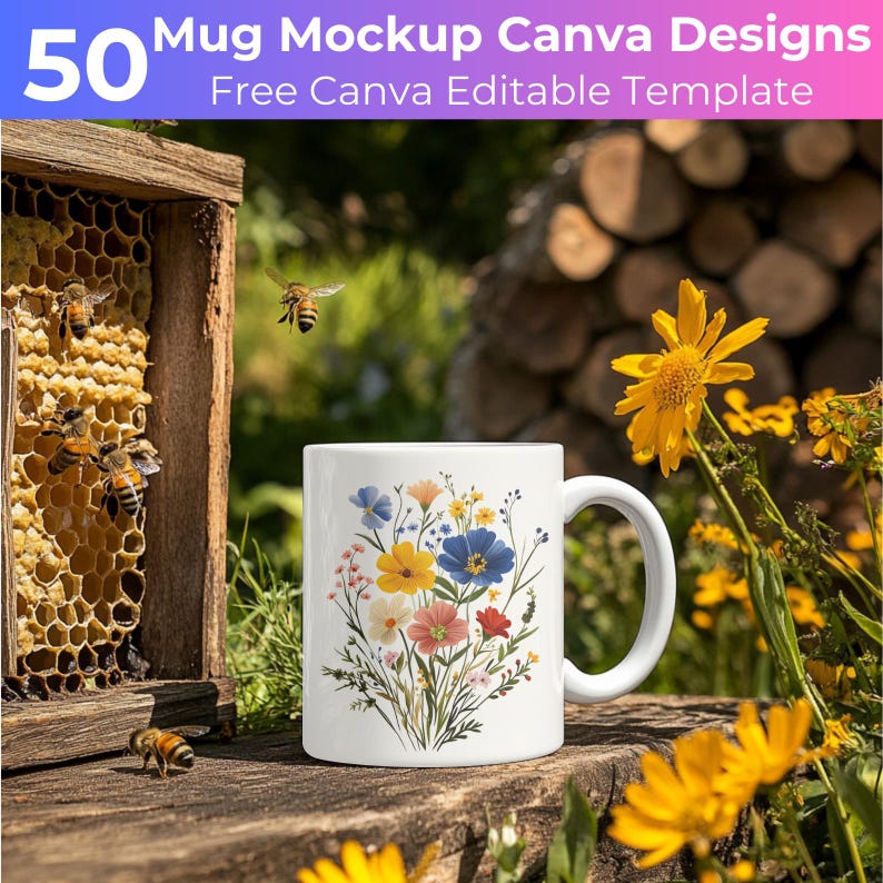 May include: White ceramic mug with a floral design featuring yellow, blue, pink, and red flowers. The mug is sitting on a wooden surface with a beehive and flowers in the background.