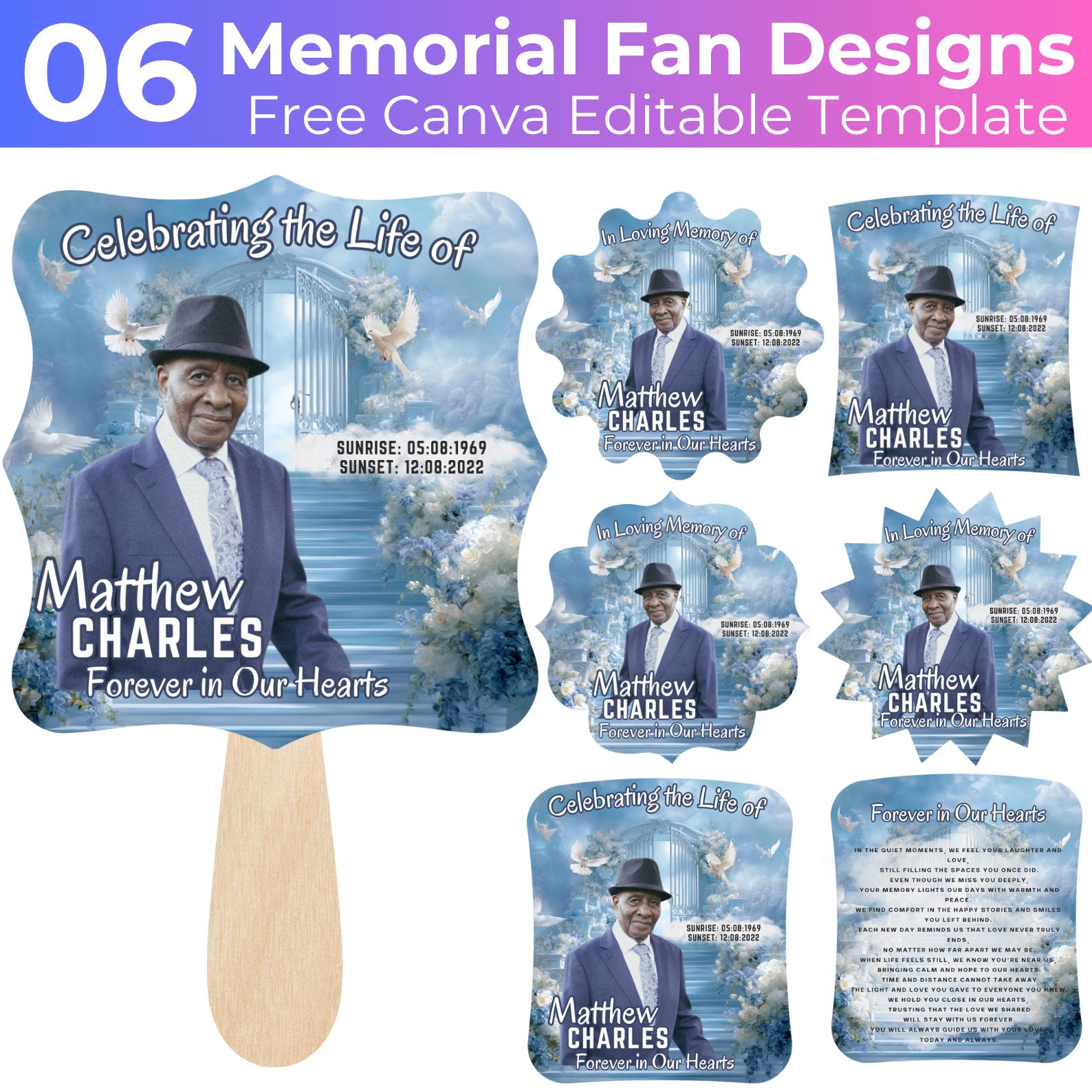 Memorial Funeral Fan Canva Editable Template, Blue Funeral Fan Paddle Design, Memorial Fan Canva Design, Celebrating the Life Canva Template