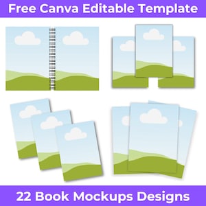 May include: A collection of book mockups with a landscape design featuring blue skies, white clouds, and green hills. The image includes a spiral-bound notebook and several stacks of book covers. Text at the top reads "Free Canva Editable Template" and at the bottom "22 Book Mockups Designs."