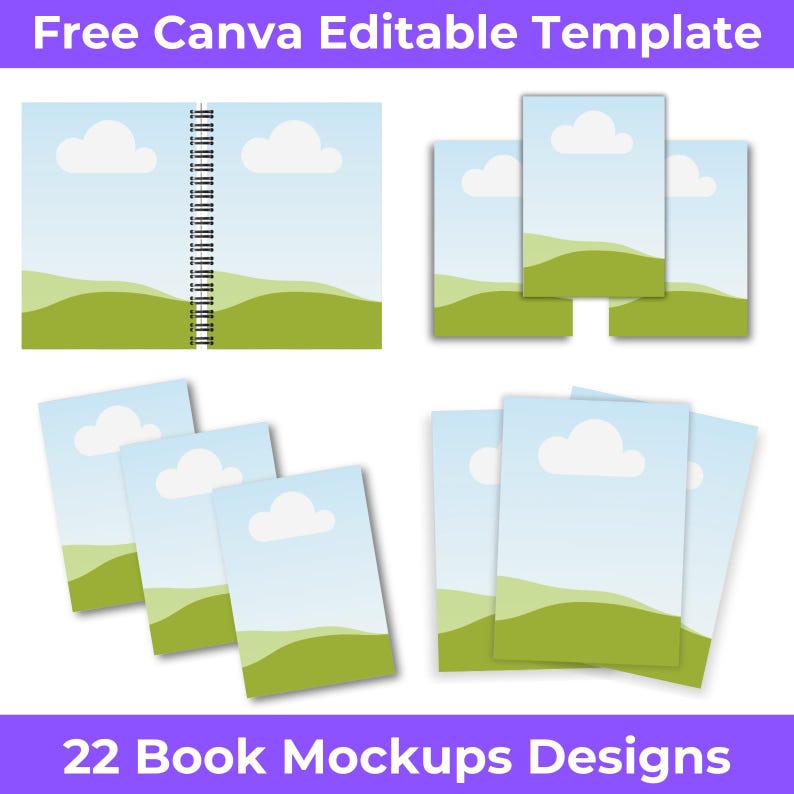 May include: A collection of book mockups with a landscape design featuring blue skies, white clouds, and green hills. The image includes a spiral-bound notebook and several stacks of book covers. Text at the top reads "Free Canva Editable Template" and at the bottom "22 Book Mockups Designs."
