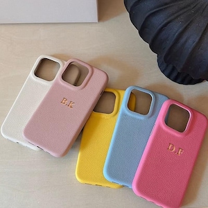 Gepersonaliseerde leren iPhone-hoes voor iPhone 16, 15, 14 Pro Max, gepersonaliseerde telefoonhoes met initialen en gravure, monogram, cadeau-idee voor haar