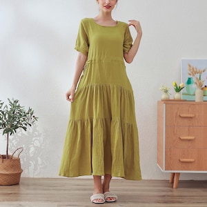 Muslin Organic Cotton Dress Summer Short Sleeve Midi Dress Soft Lightweight Gauze Homewear 100% Natural Cotton Dress Customized Plus Clothes
