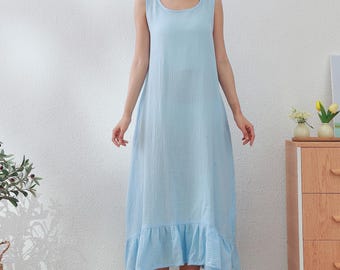 Muslin Organic Cotton Dress Summer Sleeveless Midi Sundress Soft Lightweight Gauze Homewear 100% Natural Cotton Dress Customize Plus Clothes