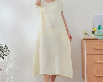 Muslin Organic Cotton Dress Summer Short Sleeve Midi Dress Soft Lightweight Gauze Homewear 100% Natural Cotton Dress Customized Plus Clothes