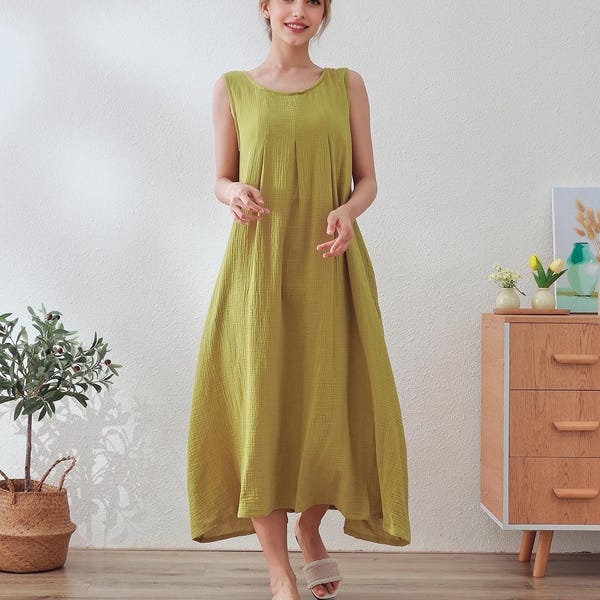 Muslin Organic Cotton Dress Summer Sleeveless Midi Sundress Soft Lightweight Gauze Homewear 100% Natural Cotton Dress Customize Plus Clothes
