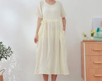 Muslin Organic Cotton Dress Summer Short Sleeve Midi Dress Soft Lightweight Gauze Homewear 100% Natural Cotton Dress Customized Plus Clothes