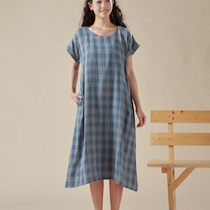 Summer Cozy Dress Plaid Dress Pure Muslin Cotton Short Sleeve Dress Knee Dress Soft Home-wear Double gauze Tunics Custom Plus Size Dress